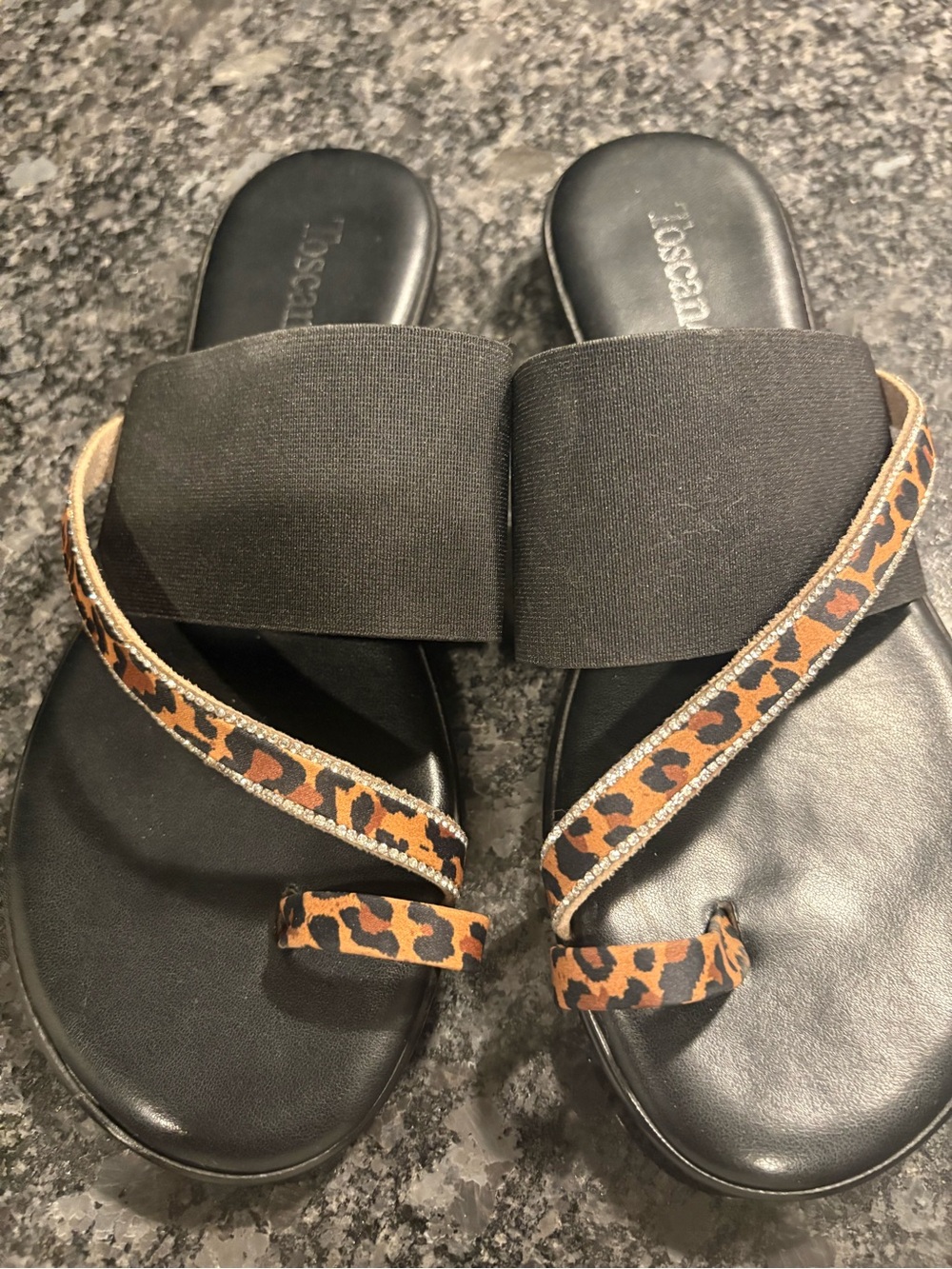 Toscanella made in Italy Black Slide Sandals with Leopard Accent Strap